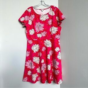 Talbots Stretch Knit Fit + Flare Day Dress Pink White Floral Short Sleeve